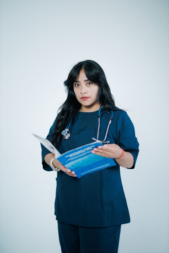 Crafting Captivating Headlines: Your awesome post title goes here Female nurse in blue scrubs reading a medical book with a stethoscope.